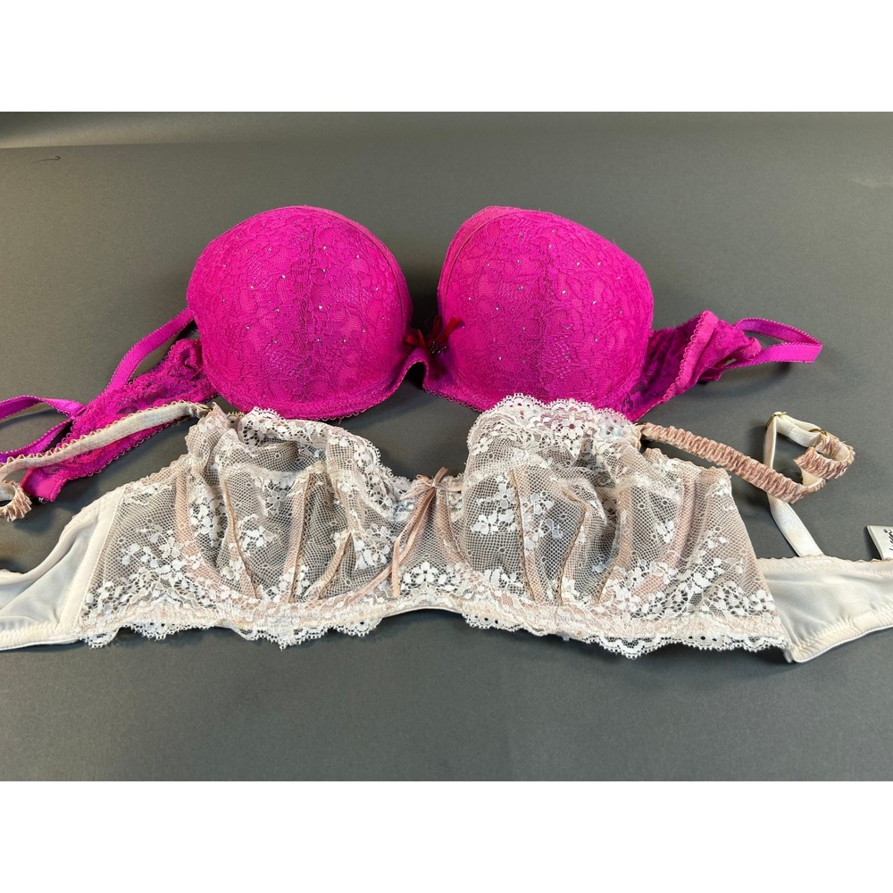 Elle Macpherson & Daina Fang Lace Bra Bundle 34D Fuchsia Rhinestone Cream White